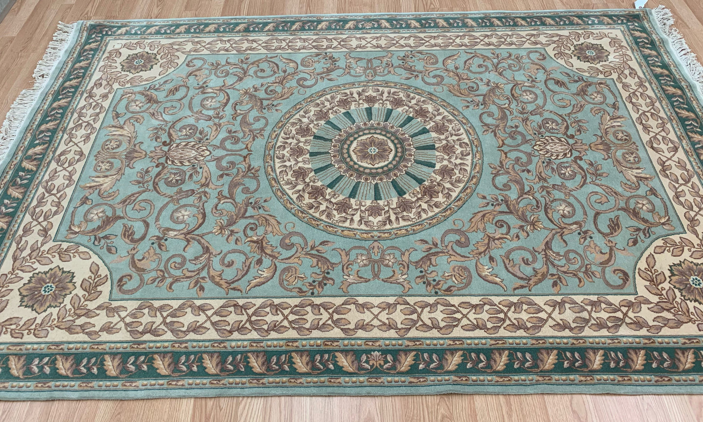 Vintage Hand-Knotted Wool Green Versailles Rug (6'x9')