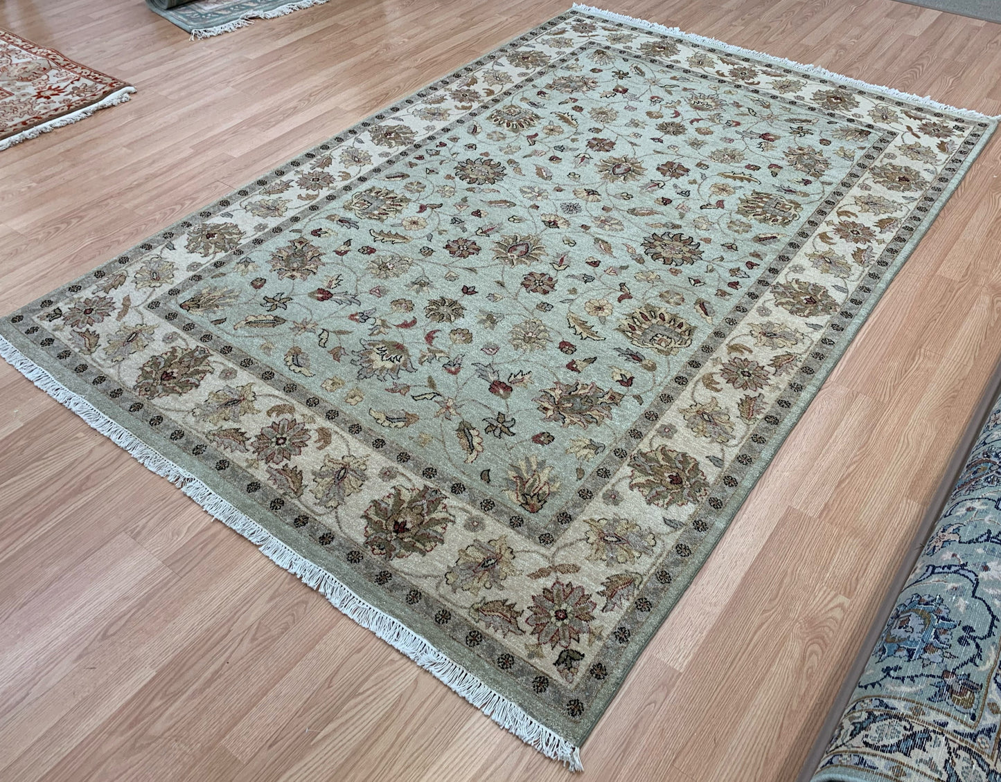 Hand-Knotted Wool Mint Green Ziglar Peshawar Rug (6'2"x8'11")