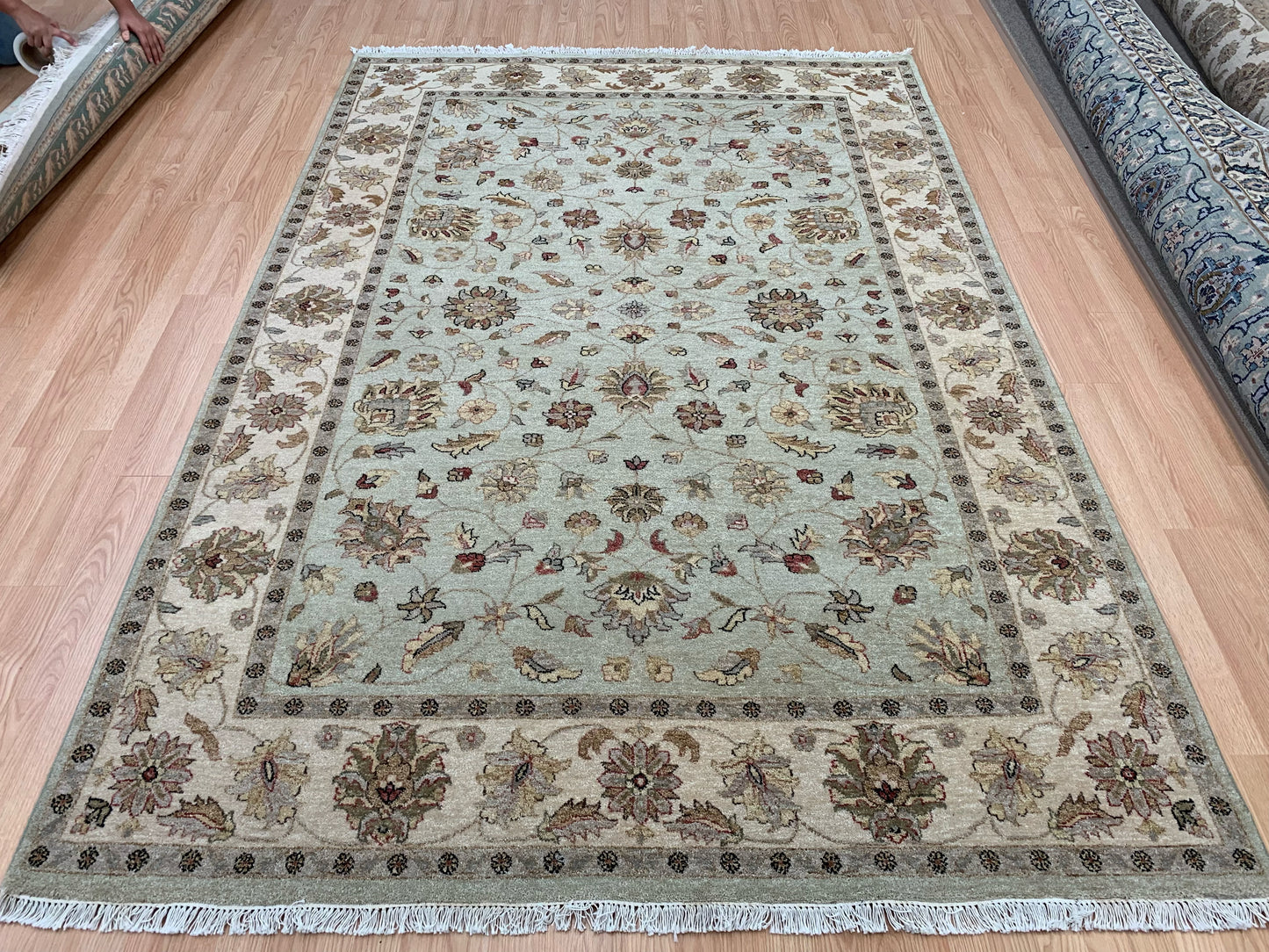 Hand-Knotted Wool Mint Green Ziglar Peshawar Rug (6'2"x8'11")