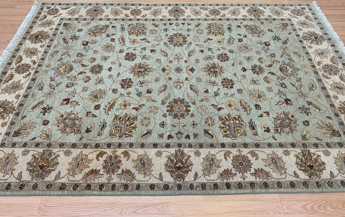 Hand-Knotted Wool Mint Green Ziglar Peshawar Rug (6'2"x8'11")