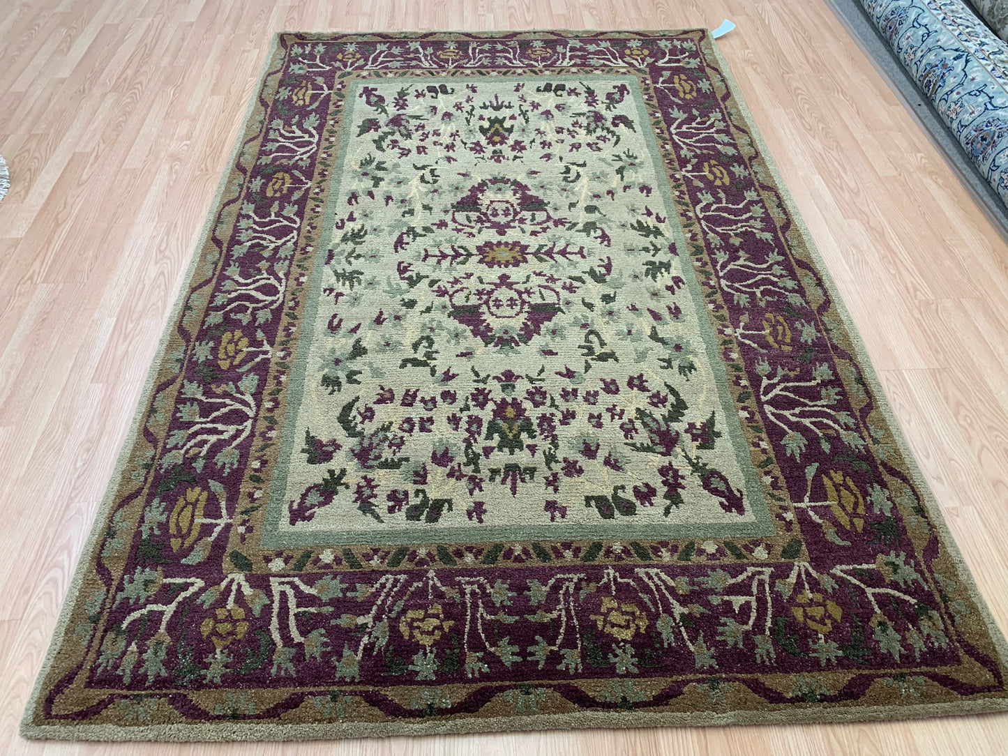 Vintage Hand-Knotted Wool Camel/Aubergine Sarouk Pattern Rug (6x9)