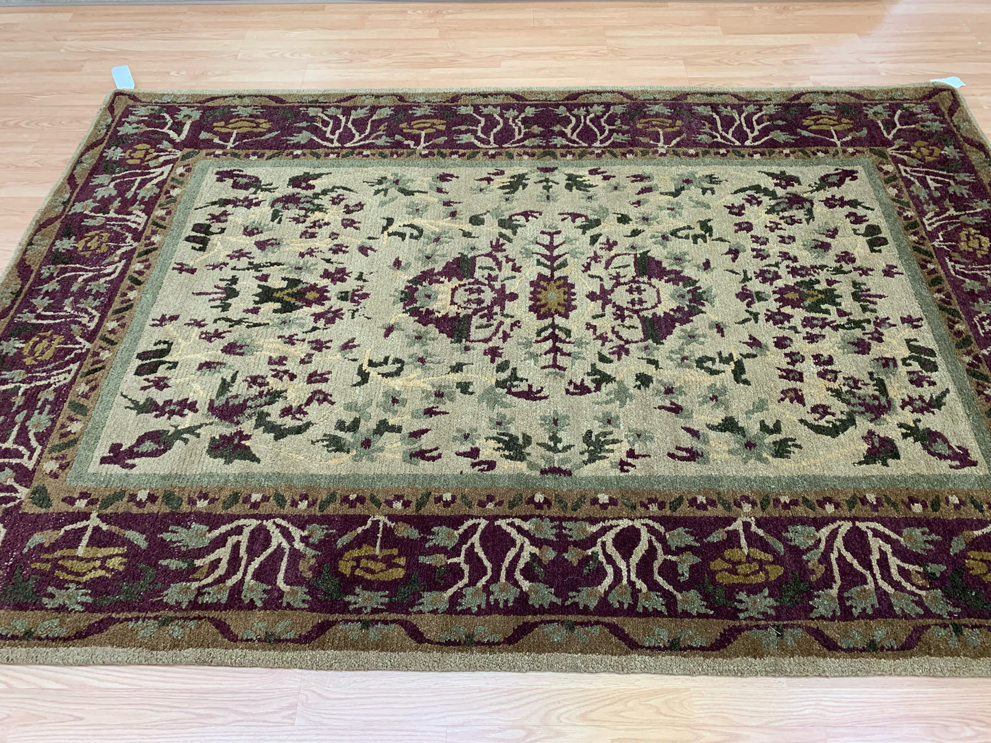 Vintage Hand-Knotted Wool Camel/Aubergine Sarouk Pattern Rug (6x9)