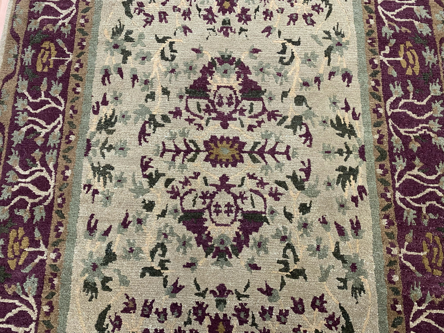 Vintage Hand-Knotted Wool Camel/Aubergine Sarouk Pattern Rug (6x9)