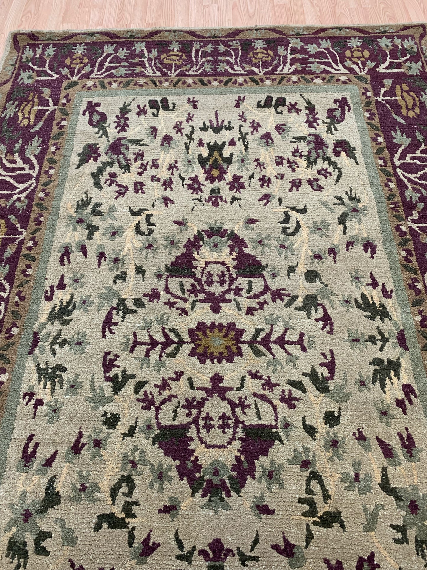 Vintage Hand-Knotted Wool Camel/Aubergine Sarouk Pattern Rug (6x9)