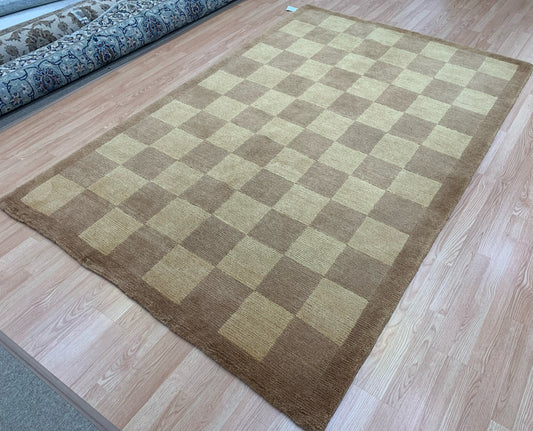 Vintage Hand-Knotted Wool Tibetan Tan Checkers Rug (6'x9')