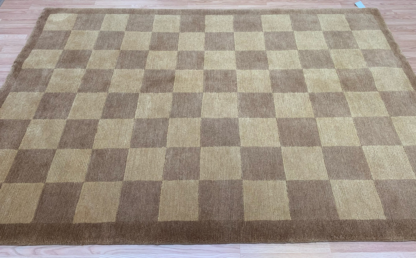 Vintage Hand-Knotted Wool Tibetan Tan Checkers Rug (6'x9')