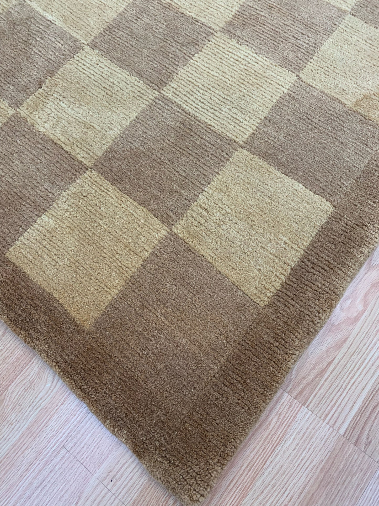 Vintage Hand-Knotted Wool Tibetan Tan Checkers Rug (6'x9')