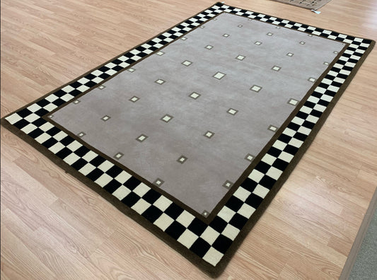 Vintage Hand-Knotted Wool Taupe Chess Rug (6'1"x8'11")