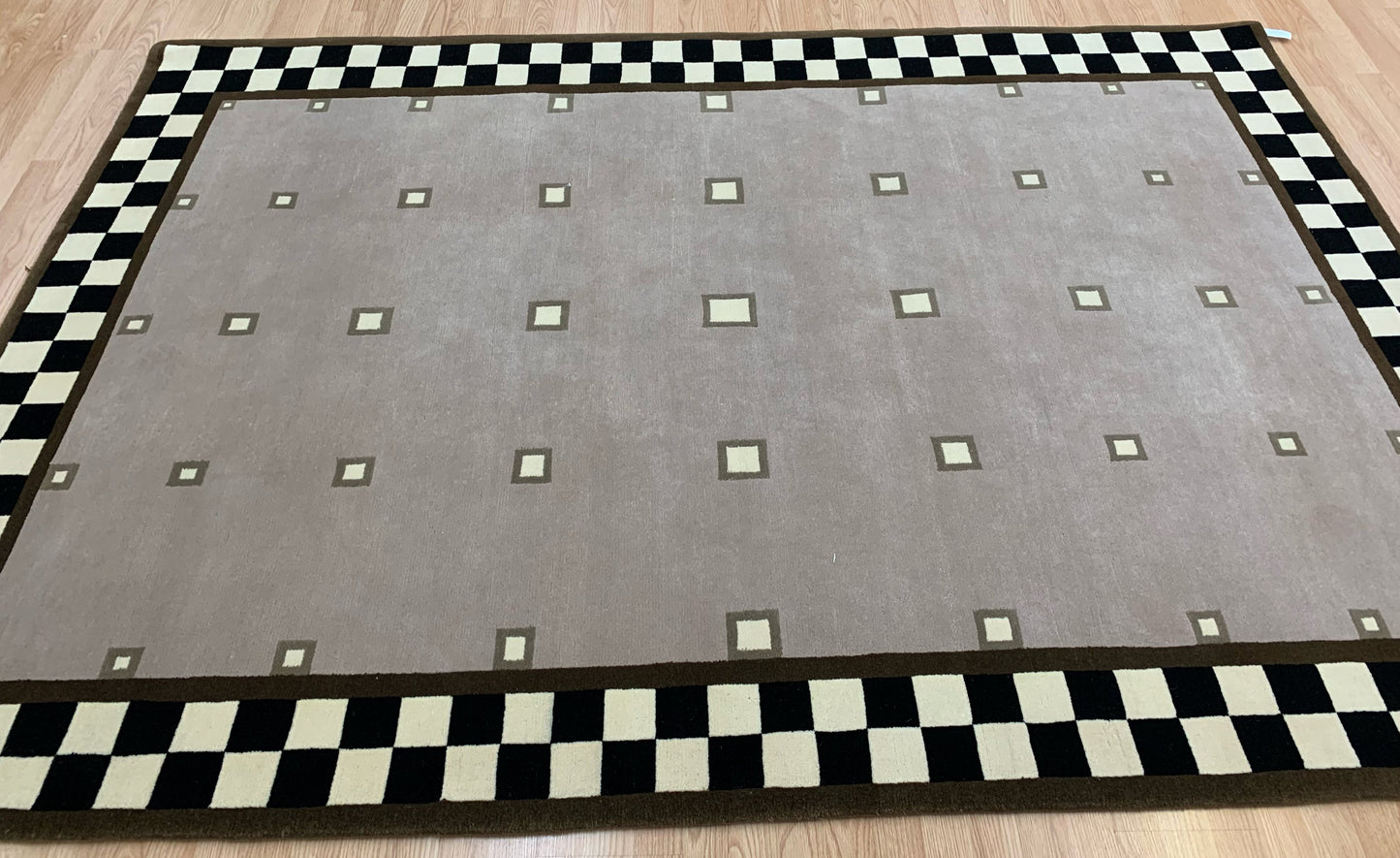 Vintage Hand-Knotted Wool Taupe Chess Rug (6'1"x8'11")