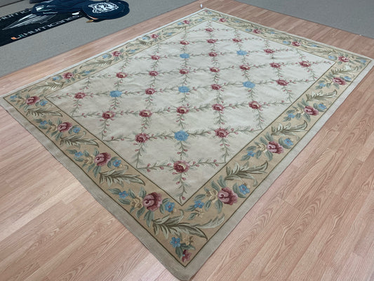 Hand-Knotted Wool & Silk Beige Lattice Carved Floral Border Rug (8'x10')