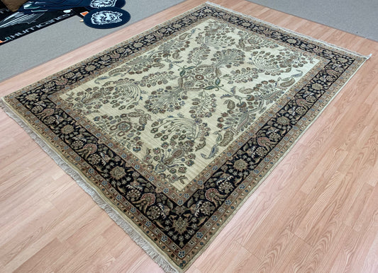 Vintage Hand-Knotted Wool Gold/Black Jaipura Rug (7'8"x9'10")