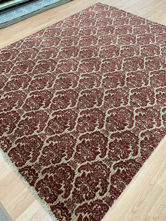 Hand-Knotted Wool Red Damask Rug (7'10"x9'9")