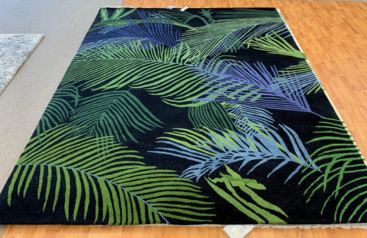 Hand Tufted Wool Black Tropical Fronds Rug (8'x10')